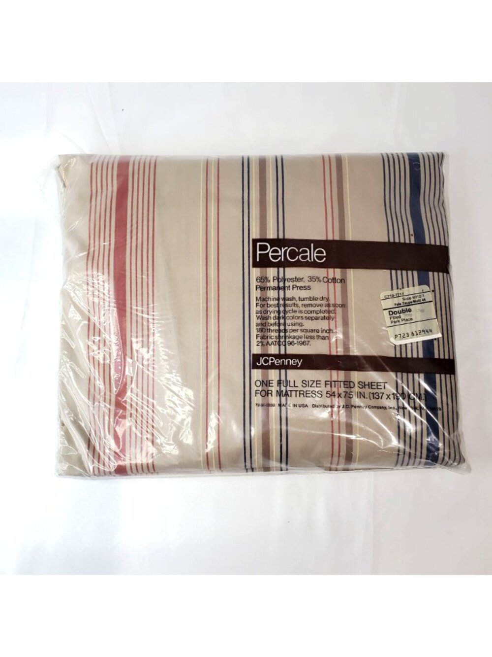 VTG JC Penney Percale Full Size Fitted Sheet Pale Taupe Multi Striped USA - Picture 2 of 8